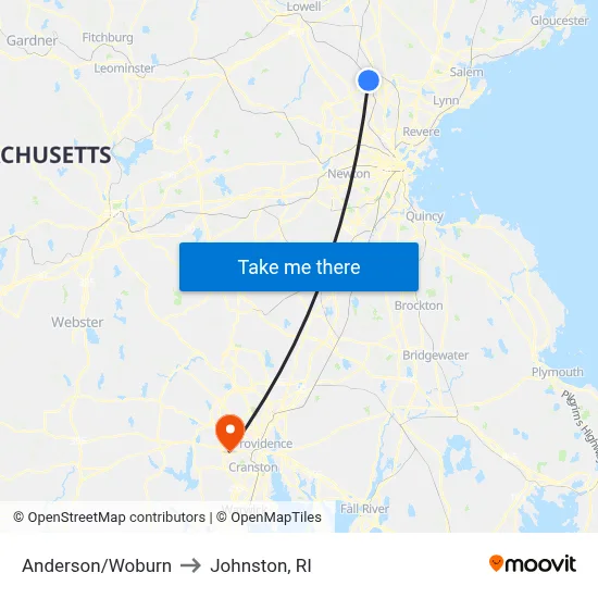 Anderson/Woburn to Johnston, RI map