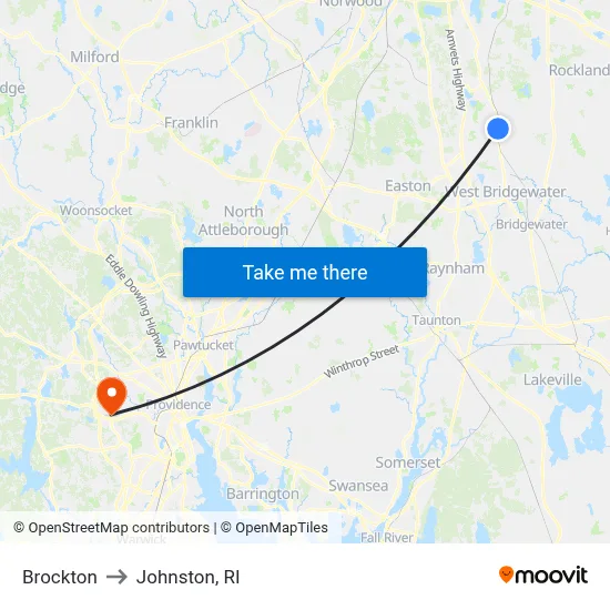 Brockton to Johnston, RI map