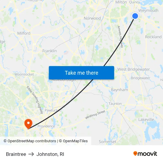 Braintree to Johnston, RI map