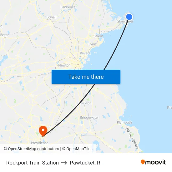Rockport Train Station to Pawtucket, RI map