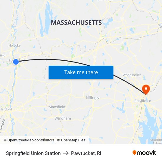 Springfield Union Station to Pawtucket, RI map