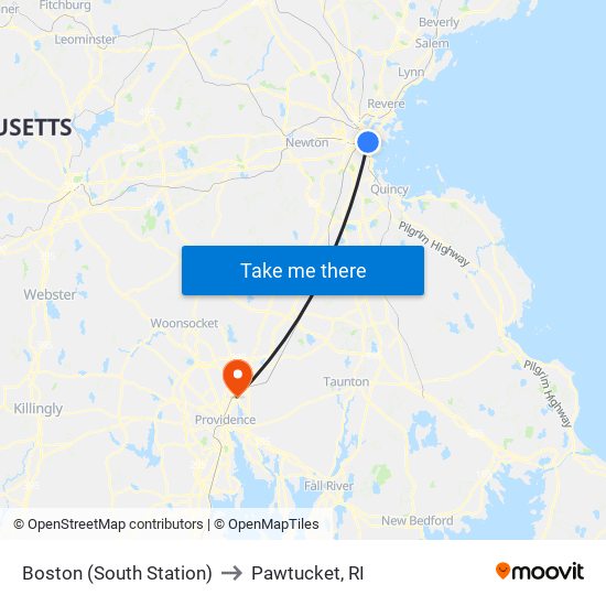 Boston (South Station) to Pawtucket, RI map