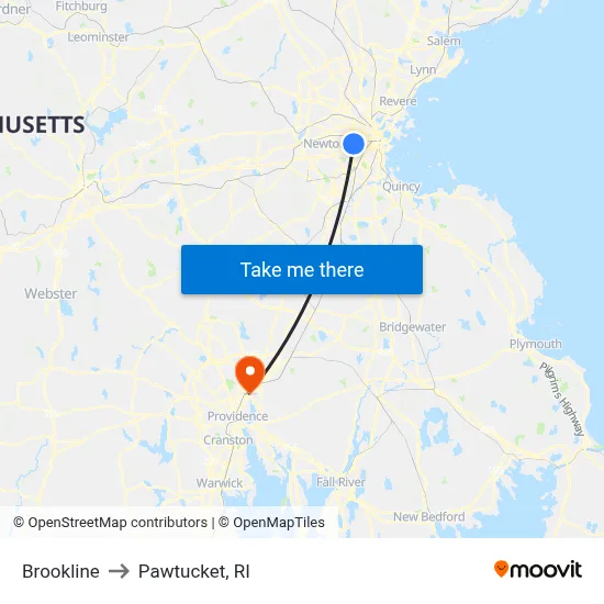 Brookline to Pawtucket, RI map