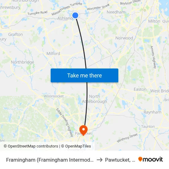 Framingham (Framingham Intermodal) to Pawtucket, RI map