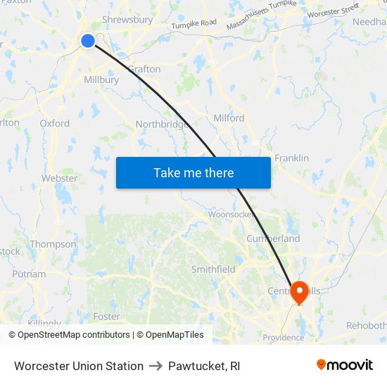 Worcester Union Station to Pawtucket, RI map