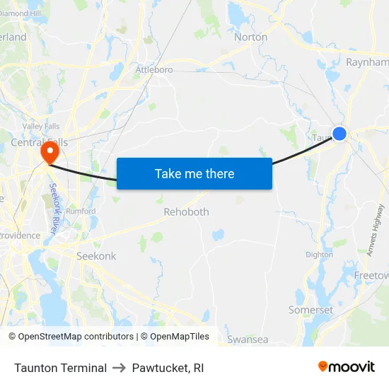 Taunton Terminal to Pawtucket, RI map