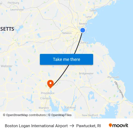 Boston Logan International Airport to Pawtucket, RI map
