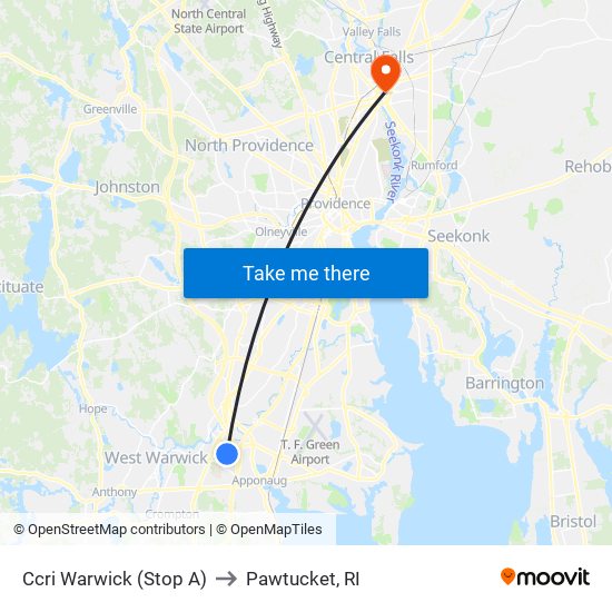 Ccri Warwick (Stop A) to Pawtucket, RI map