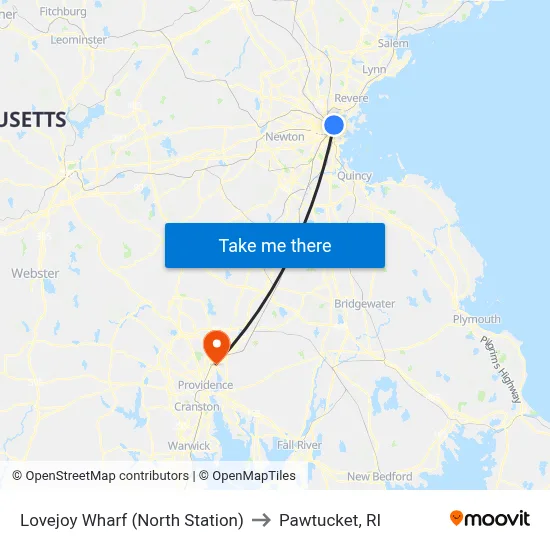 Lovejoy Wharf (North Station) to Pawtucket, RI map