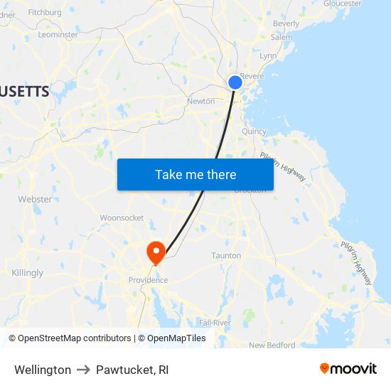 Wellington to Pawtucket, RI map