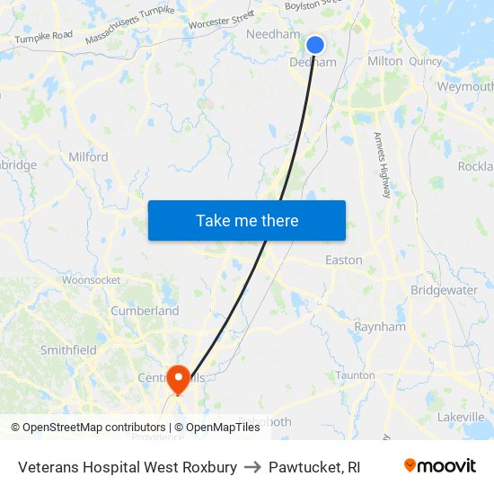 Veterans Hospital West Roxbury to Pawtucket, RI map