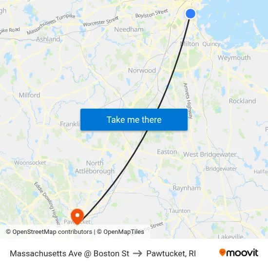 Massachusetts Ave @ Boston St to Pawtucket, RI map