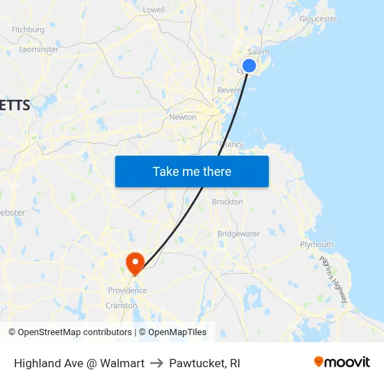 Highland Ave @ Walmart to Pawtucket, RI map