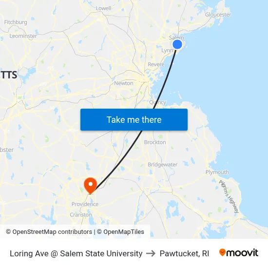 Loring Ave @ Salem State University to Pawtucket, RI map
