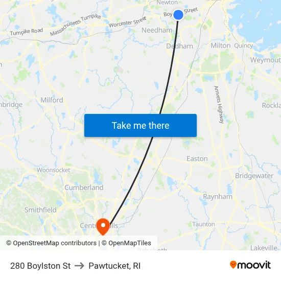280 Boylston St to Pawtucket, RI map