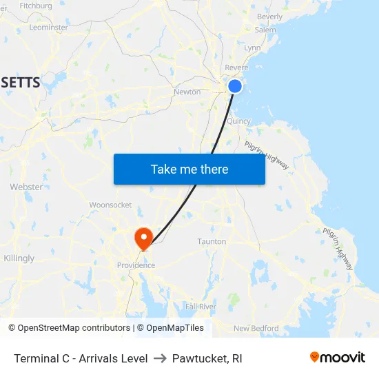 Terminal C - Arrivals Level to Pawtucket, RI map