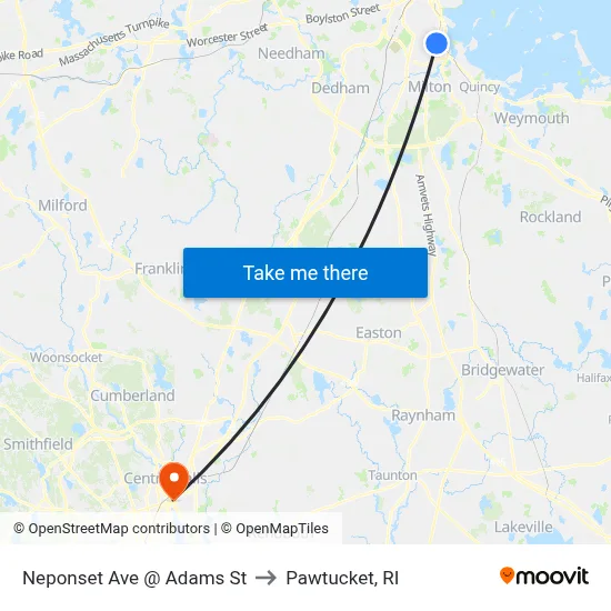 Neponset Ave @ Adams St to Pawtucket, RI map