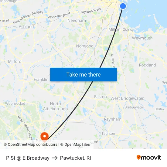P St @ E Broadway to Pawtucket, RI map