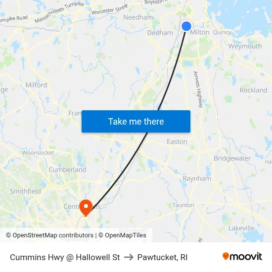 Cummins Hwy @ Hallowell St to Pawtucket, RI map