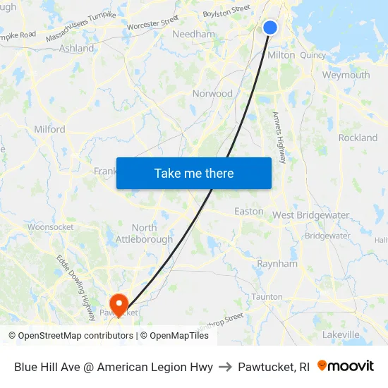 Blue Hill Ave @ American Legion Hwy to Pawtucket, RI map