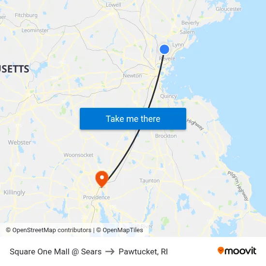 Square One Mall @ Sears to Pawtucket, RI map