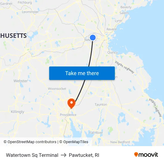 Watertown Sq Terminal to Pawtucket, RI map