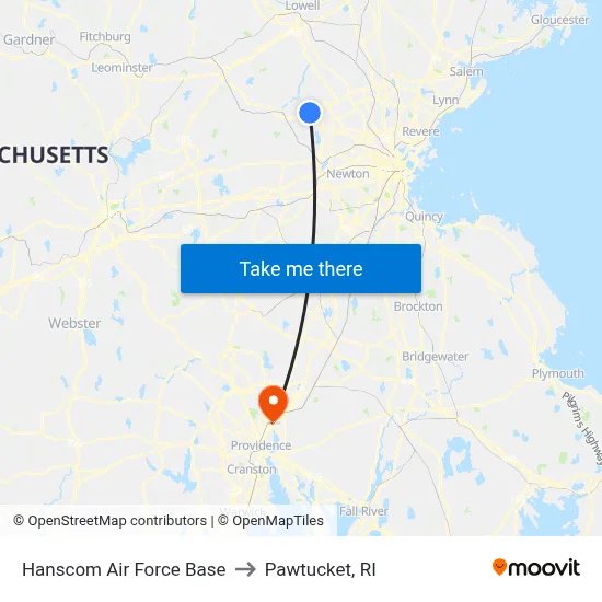 Hanscom Air Force Base to Pawtucket, RI map