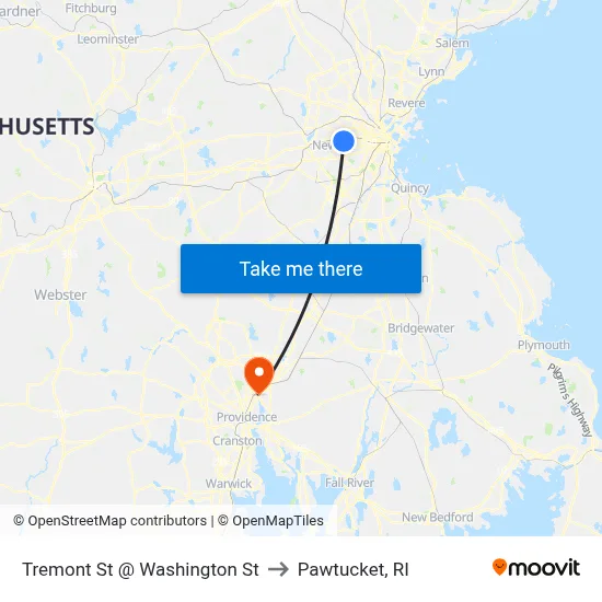 Tremont St @ Washington St to Pawtucket, RI map