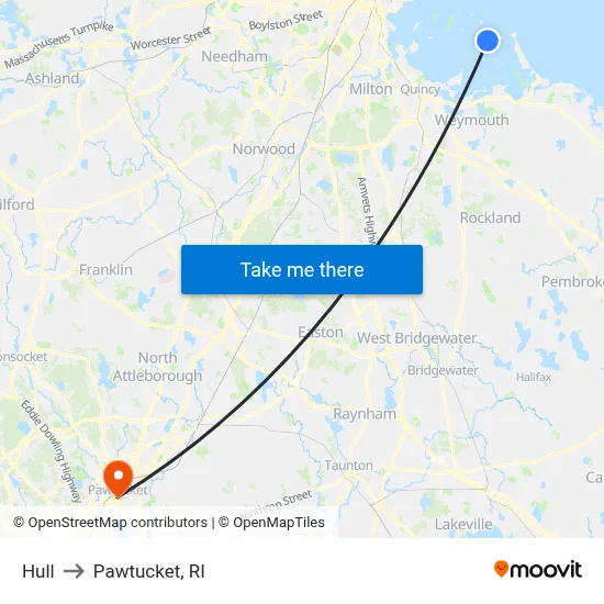 Hull to Pawtucket, RI map