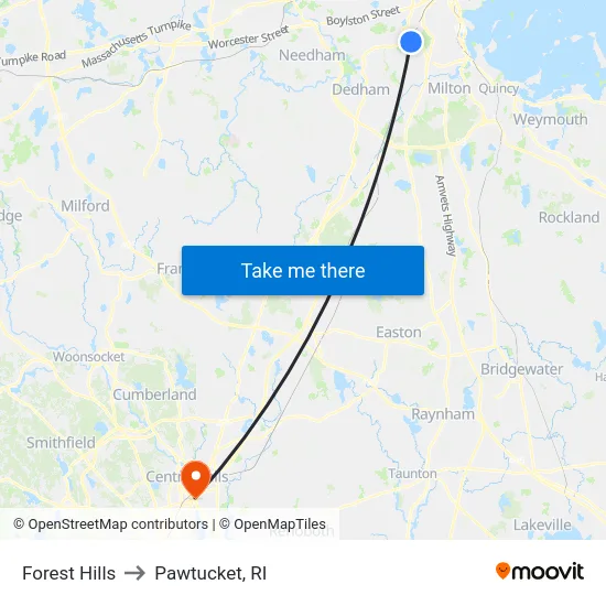 Forest Hills to Pawtucket, RI map