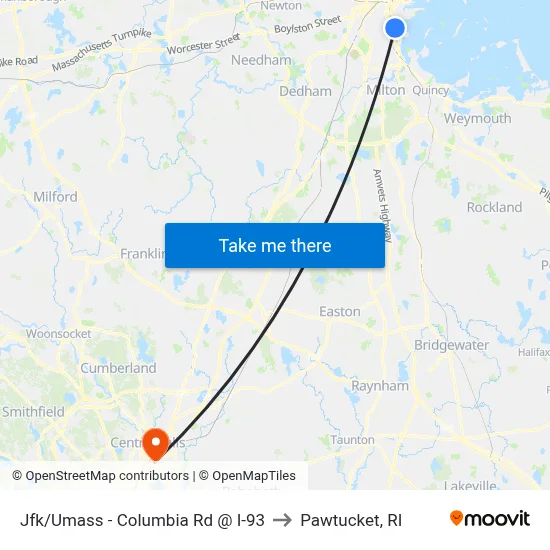 Jfk/Umass - Columbia Rd @ I-93 to Pawtucket, RI map