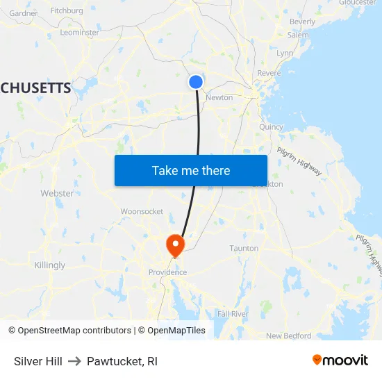 Silver Hill to Pawtucket, RI map