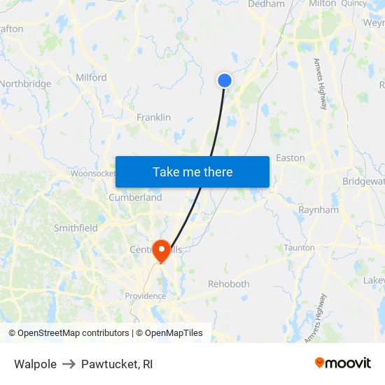 Walpole to Pawtucket, RI map