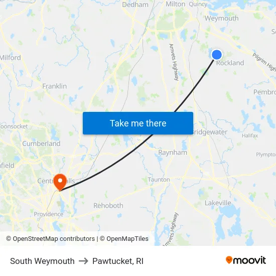 South Weymouth to Pawtucket, RI map