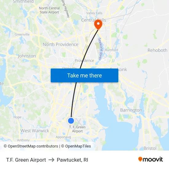 T.F. Green Airport to Pawtucket, RI map