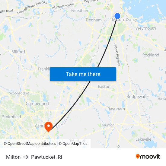 Milton to Pawtucket, RI map