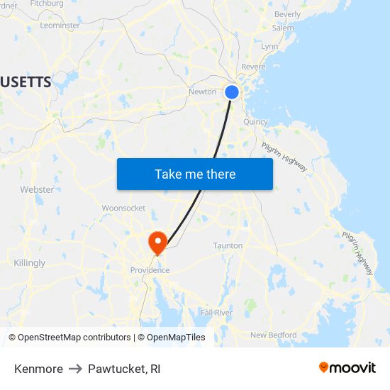 Kenmore to Pawtucket, RI map