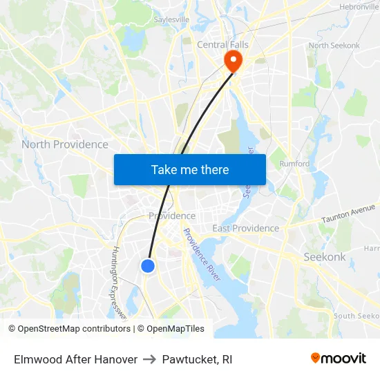 Elmwood After Hanover to Pawtucket, RI map