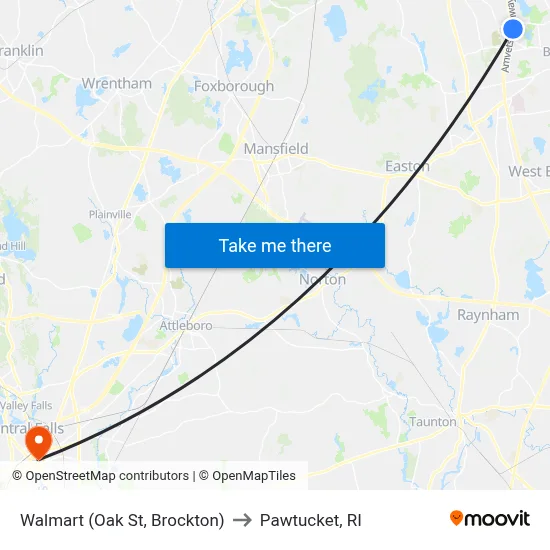 Walmart (Oak St, Brockton) to Pawtucket, RI map