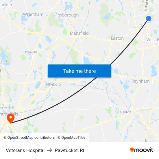 Veterans Hospital to Pawtucket, RI map