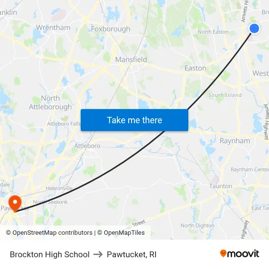 Brockton High School to Pawtucket, RI map