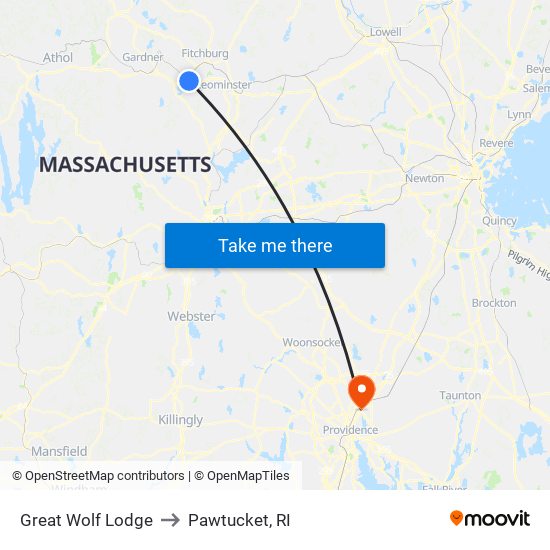 Great Wolf Lodge to Pawtucket, RI map