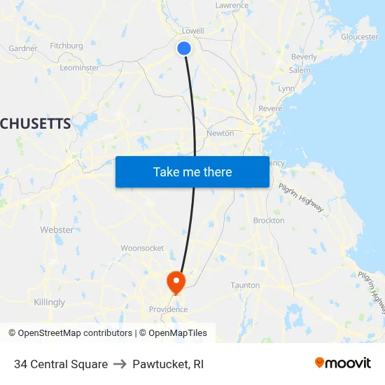 34 Central Square to Pawtucket, RI map