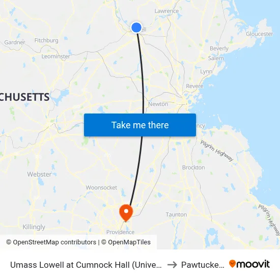 Umass Lowell at Cumnock Hall (University Ave) to Pawtucket, RI map