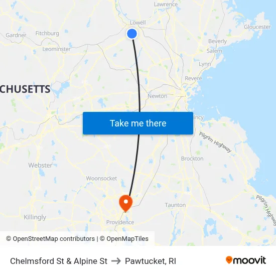 Chelmsford St & Alpine St to Pawtucket, RI map