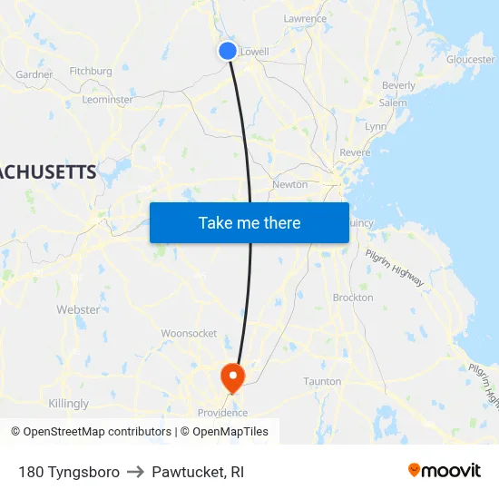 180 Tyngsboro to Pawtucket, RI map