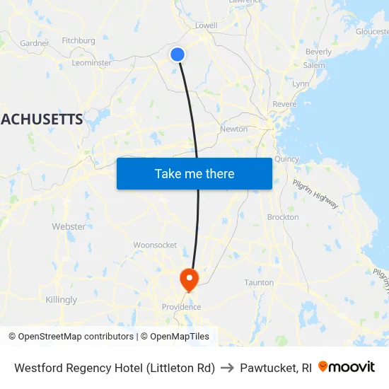 Westford Regency Hotel (Littleton Rd) to Pawtucket, RI map