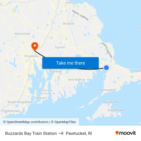 Buzzards Bay Train Station to Pawtucket, RI map
