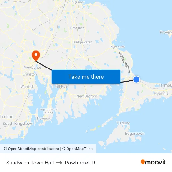 Sandwich Town Hall to Pawtucket, RI map