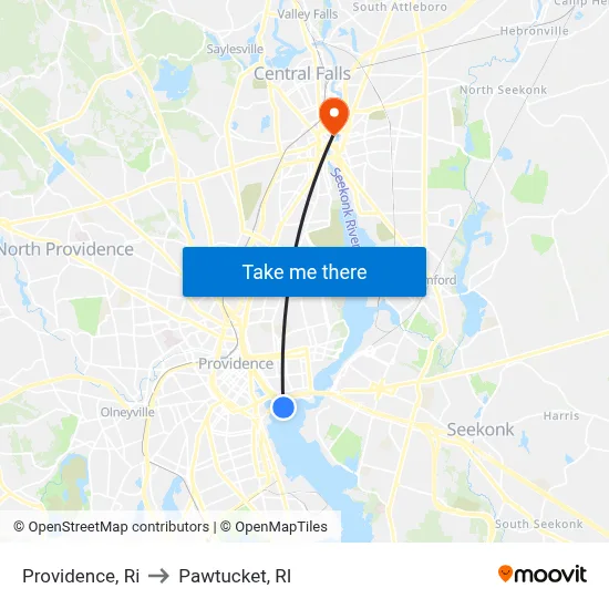 Providence, Ri to Pawtucket, RI map
